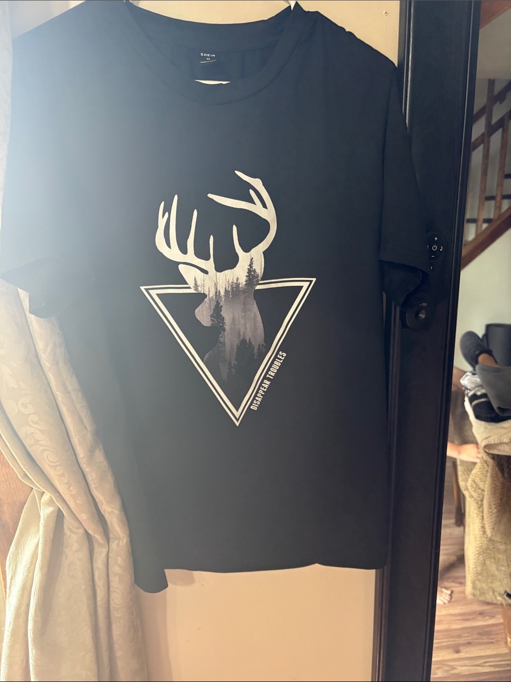 SHEIN Black Short Sleeve Tee with White Deer Triangle Graphic